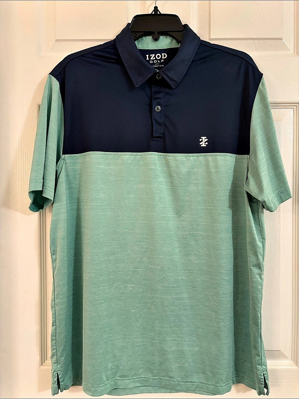 IZOD Golf With Stretch Color Block Polo Green Blue Size Large Like New